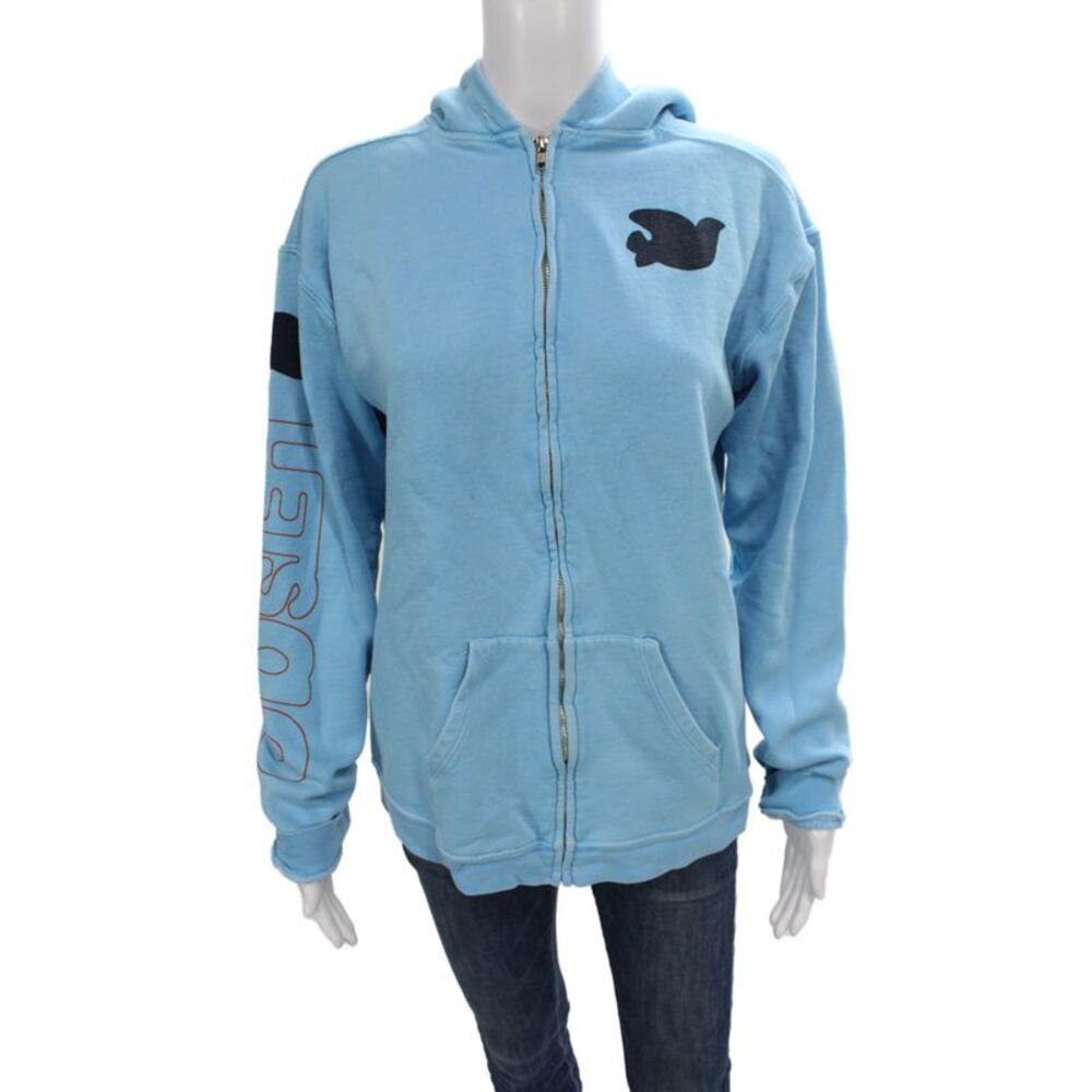 FREE CITY Unisex Adults Full Zip Hoodie Blue Graphic Cotton High Neck Size 3